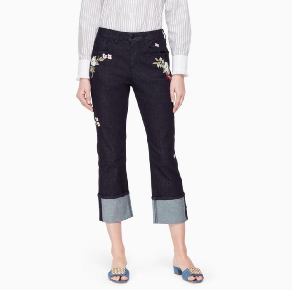kate spade Navy Embroidered Cuffed Crop Jeans
